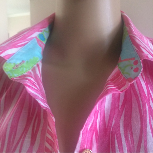 Lilly Pulitzer Blouse Top Womens 0 Pink Button Down Flip Cuff Colorful Preppy - Picture 4 of 9